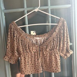 Polkadow Peplum Tie Center Bow Off The Shoulder Cinch Blouse Taupe & Black Small